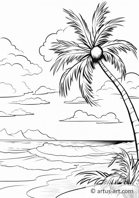 Página para colorir de uma Árvore de Coco em uma Praia Tropical
